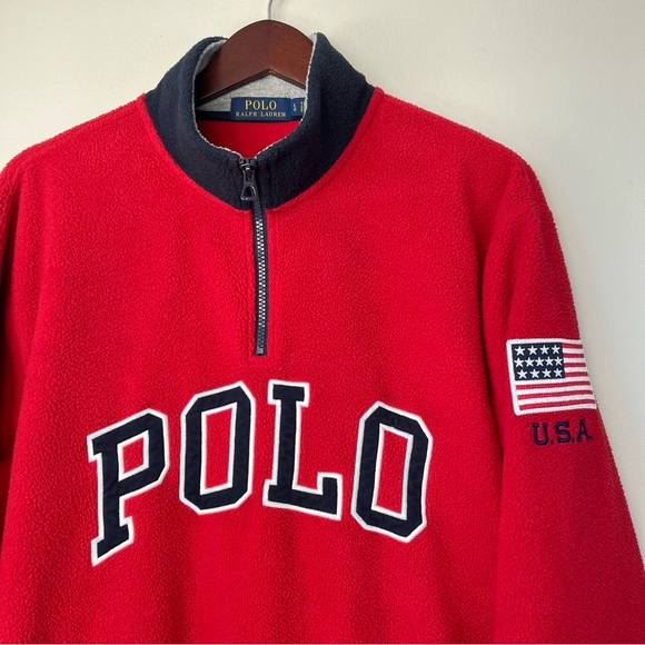 Polo Ralph Lauren Mens Large Red 1/4-Zip Fleece Pullover Sweater USA Flag Patch - Picture 3 of 15